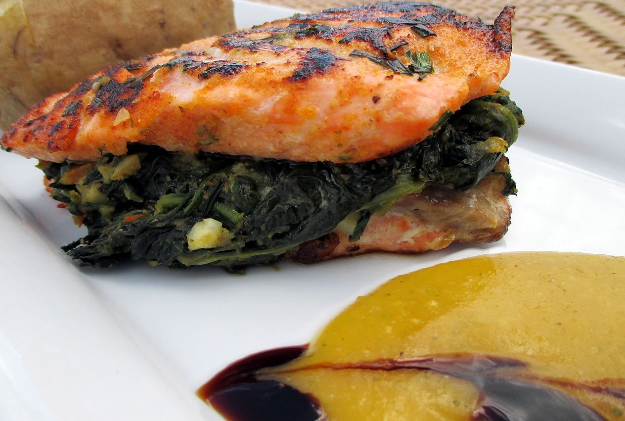 Spinach-Stuffed Salmon with Mango Sauce