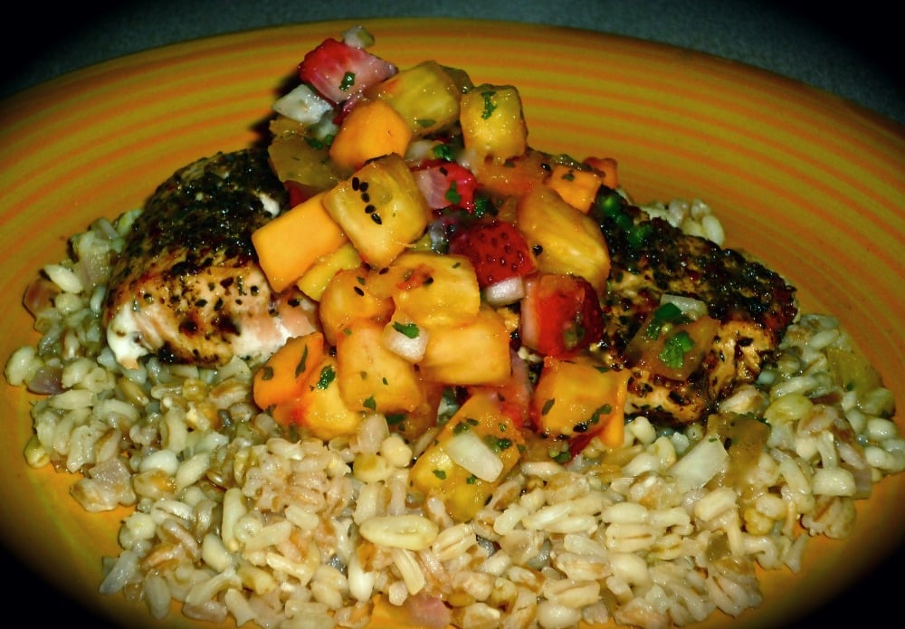 Lemon Pepper Salmon with Citrus Multigrain Pilaf & Tropical Salsa recipe