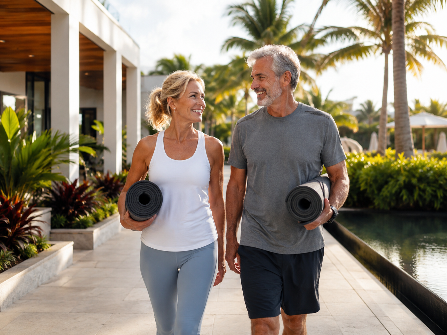 Couple carrying yoga mats to class along a poolside path at a tropical health and wellness resort.
