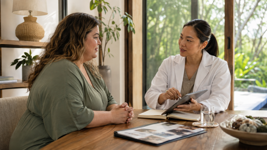 Woman reviewing lab results with a physician on a tablet during a medical wellness retreat consultation.