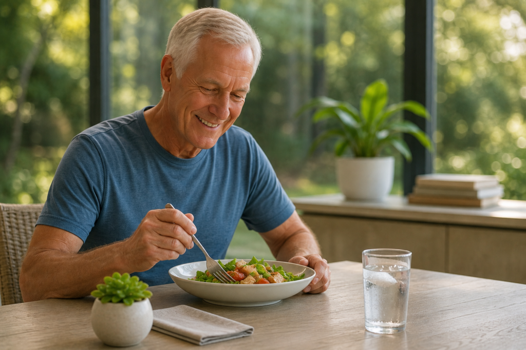 Smiling older man eating a fresh salad by a garden window at a luxury health and wellness resort.