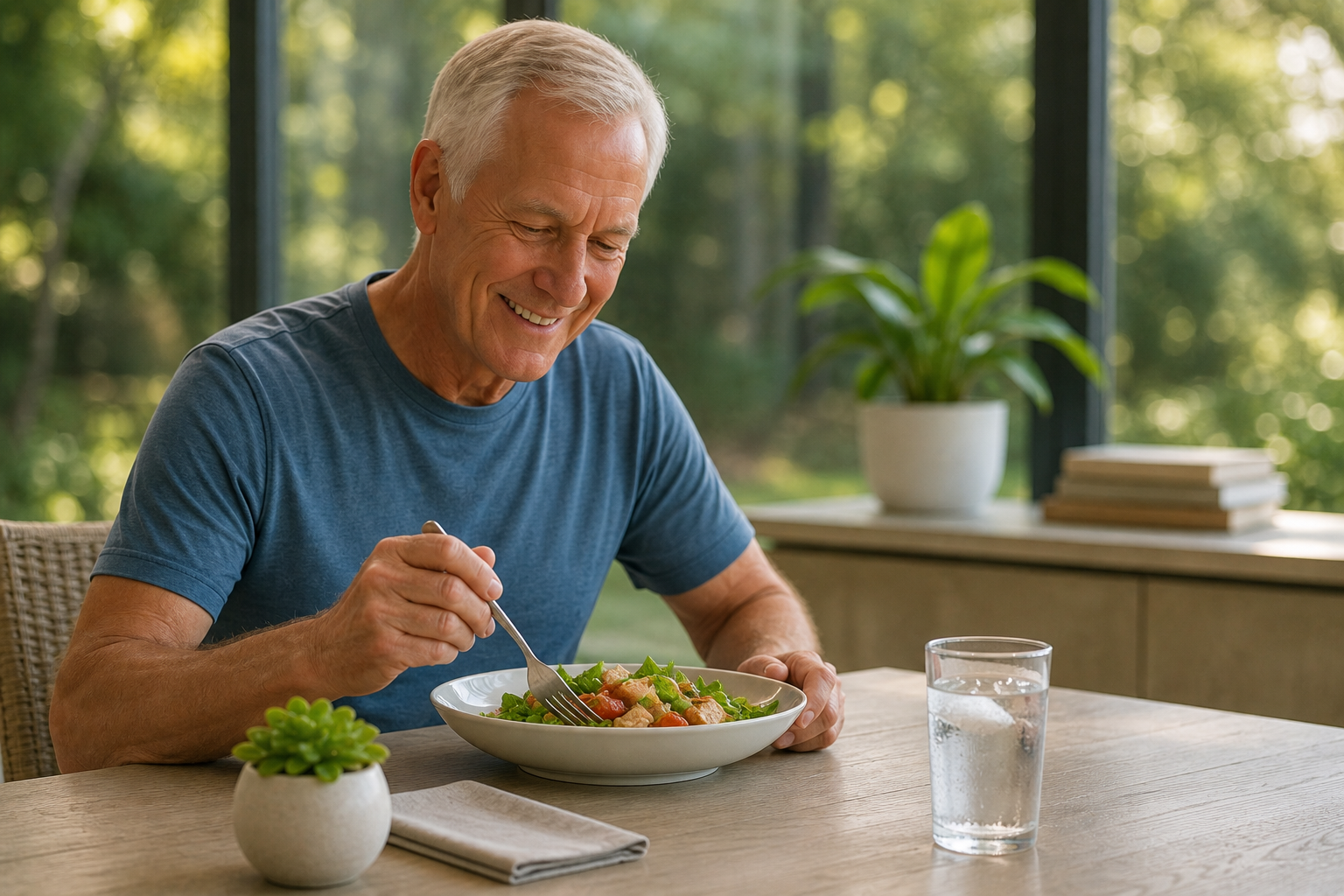 Smiling older man eating a fresh salad by a garden window at a luxury health and wellness resort.
