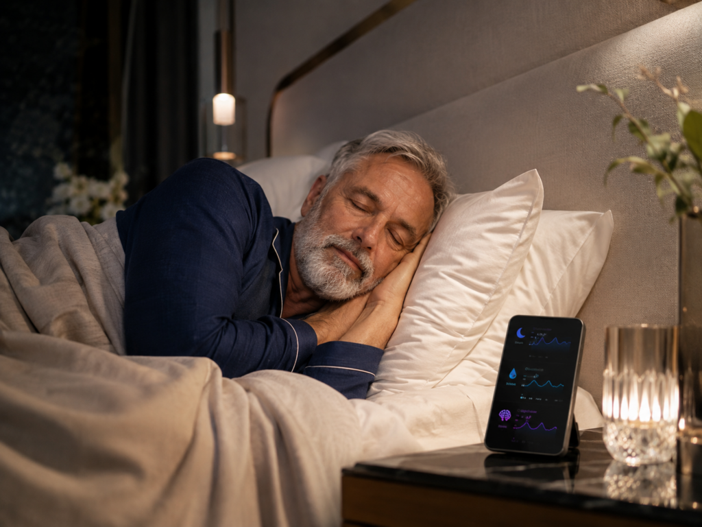 Man sleeping soundly beside a sleep tracking monitor in a wellness resort guest room.