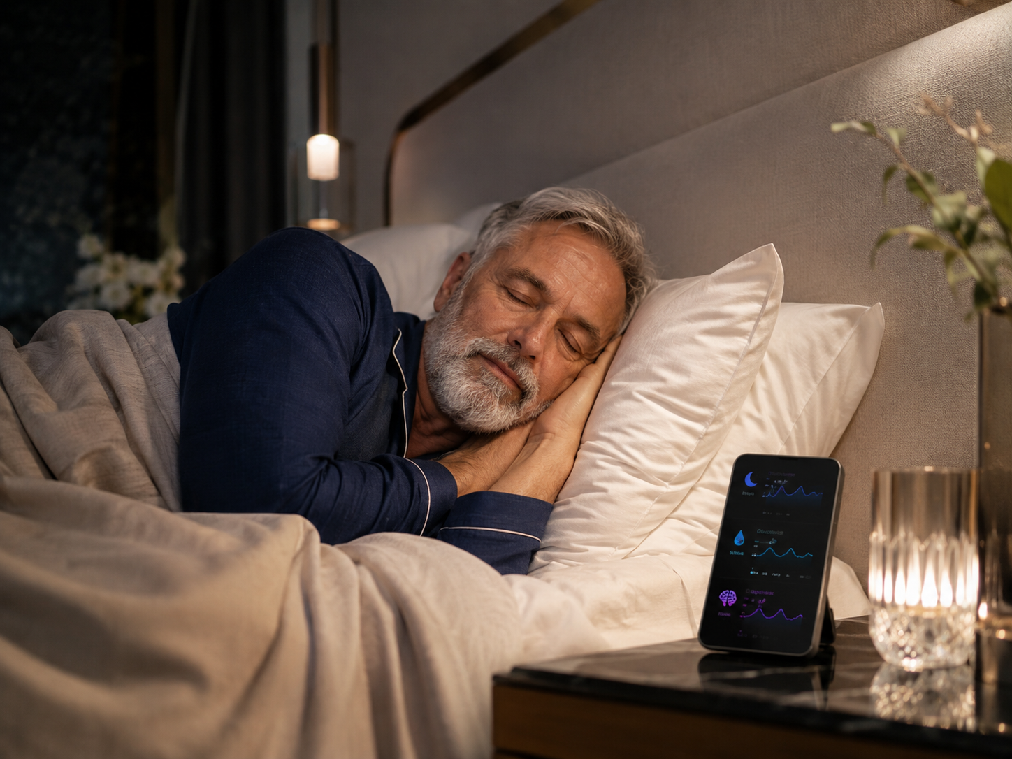 Man sleeping soundly beside a sleep tracking monitor in a wellness resort guest room.