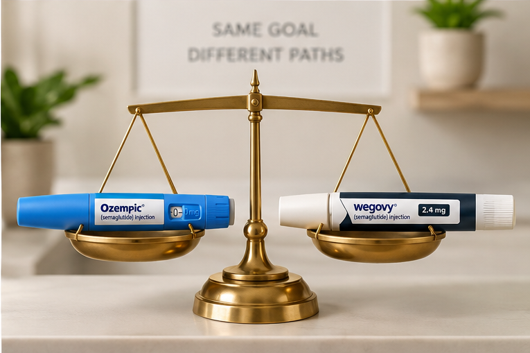 A brass balance scale holds an Ozempic pen on one side and a Wegovy 2.4 mg pen on the other, evenly balanced. A blurred sign in the background reads "Same Goal, Different Paths."