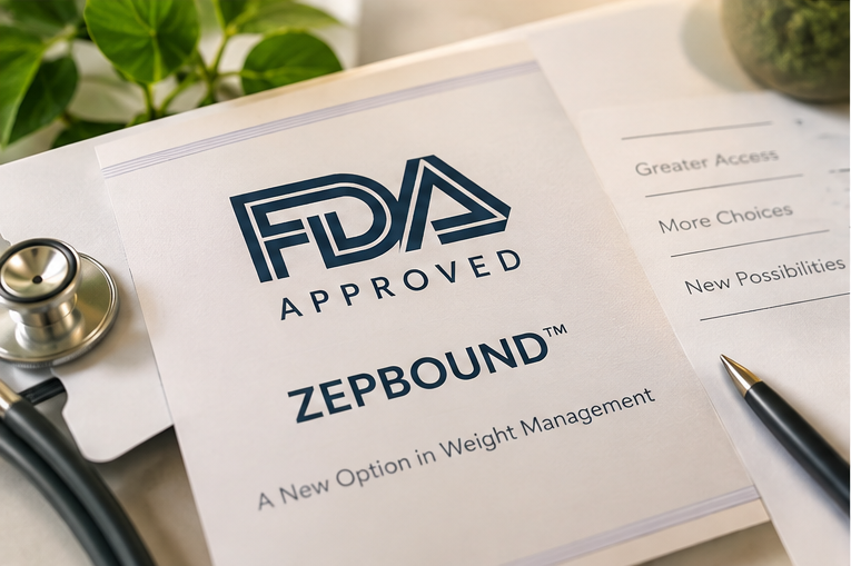 A document reading "FDA Approved – Zepbound: A New Option in Weight Management" rests on a desk beside a stethoscope and pen. A notepad nearby lists "Greater Access," "More Choices," and "New Possibilities."