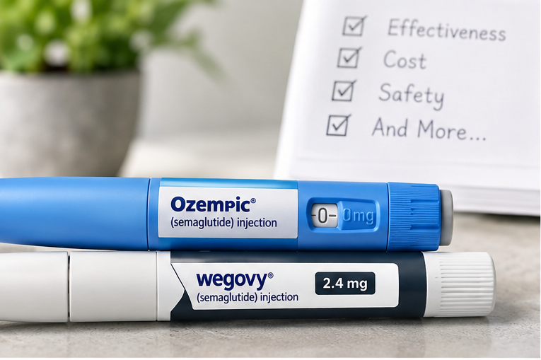 Two semaglutide injection pens lying side by side on a gray countertop: a blue Ozempic pen and a white and navy Wegovy 2.4 mg pen. Behind them, a handwritten checklist marks off Effectiveness, Cost, Safety, and "And More…" next to a potted plant.