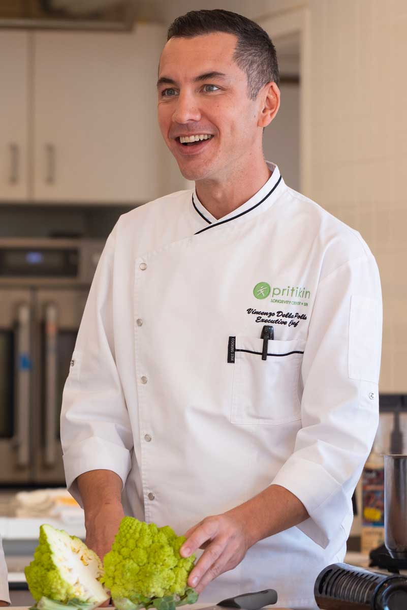 Vincent Della Polla, Executive Chef & Cooking School Instructor at Pritikin, love food, but has personally lost 50 pounds since joining the Pritikin team. Chef Vincent will teach you the tricks to create meals for the pickiest foodies.